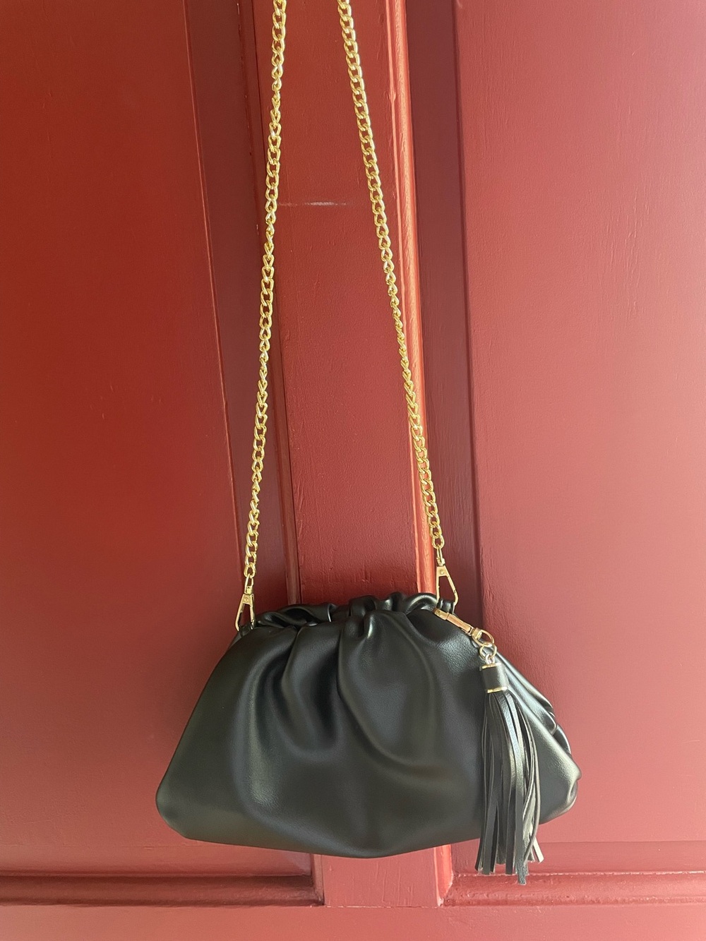 Black Leatherette Drawstring Crossbody with Gold Chain and Tassel